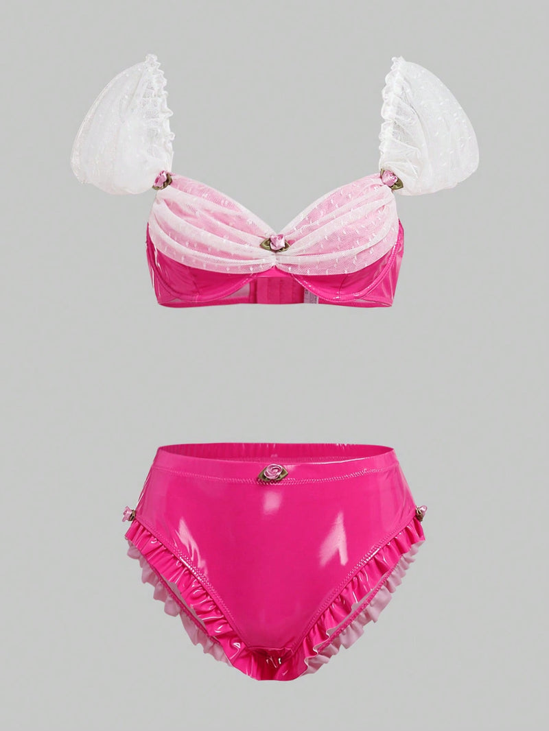 Conjunto De Sosten Y Panty Con Diseno De Tachuelas De Rosas, Con Aros Y Bordes Festoneados