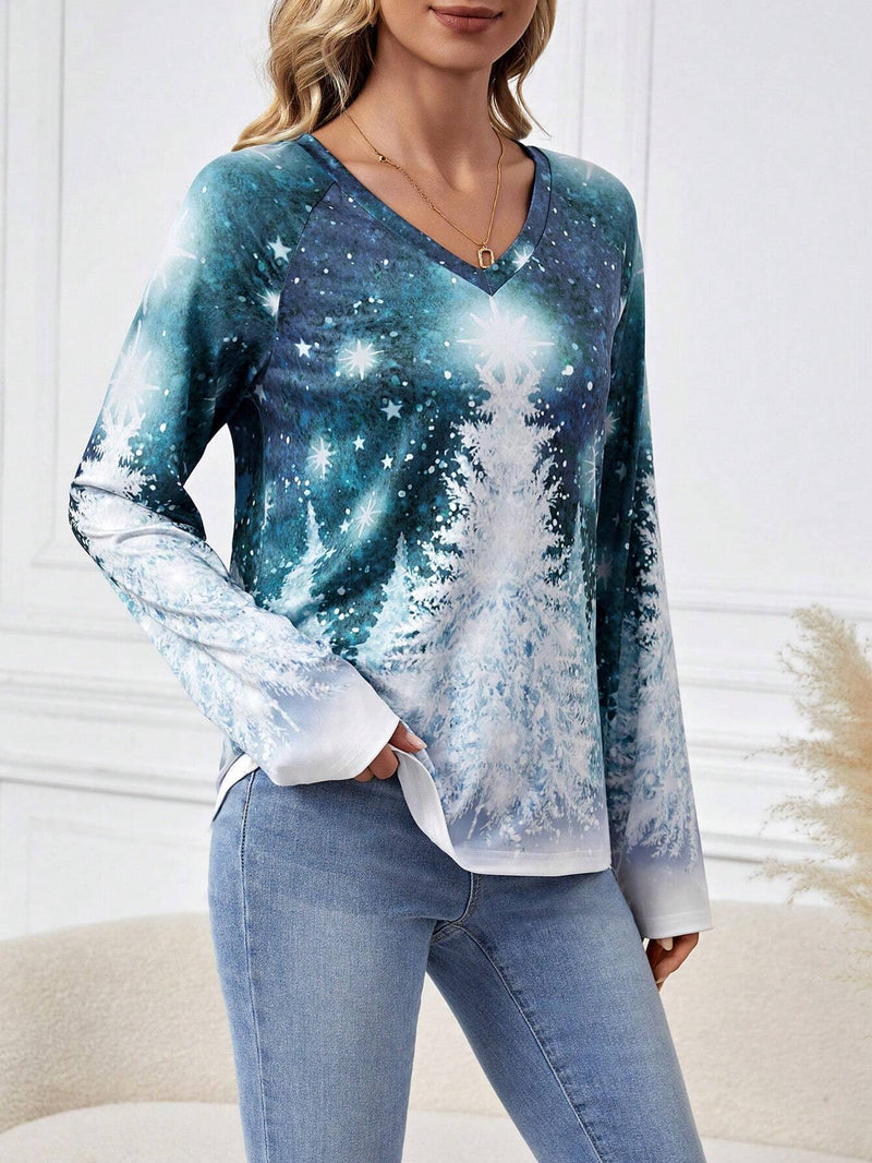 LUNE Camiseta Con Estampado De Copos De Nieve Y Arboles De Navidad