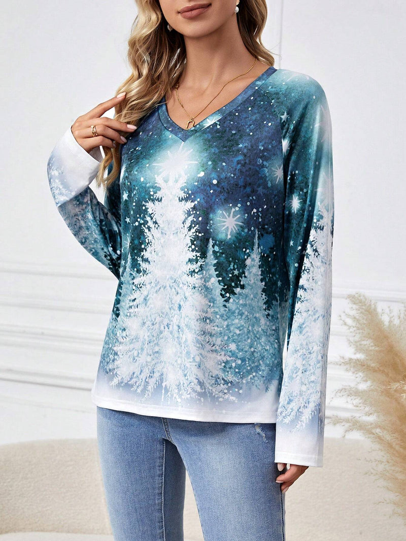 LUNE Camiseta Con Estampado De Copos De Nieve Y Arboles De Navidad