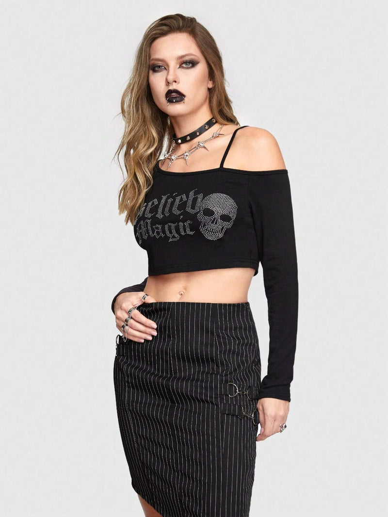 ROMWE Goth Camiseta De Manga Larga De Cuello Asimetrico Con Calavera De Diamantes De Imitacion Y Estampado De Letras