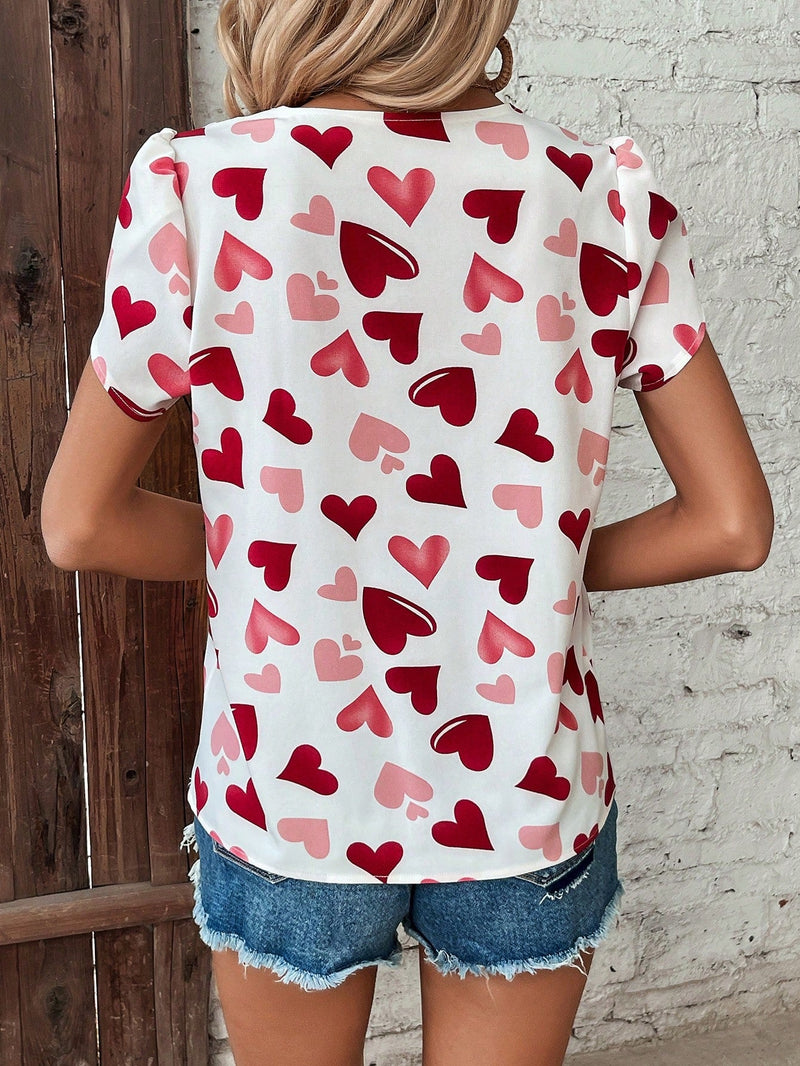 Blusa Con Mangas En Angulo Y Estampado De Corazon Para Mujer