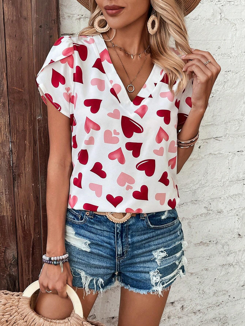 Blusa Con Mangas En Angulo Y Estampado De Corazon Para Mujer