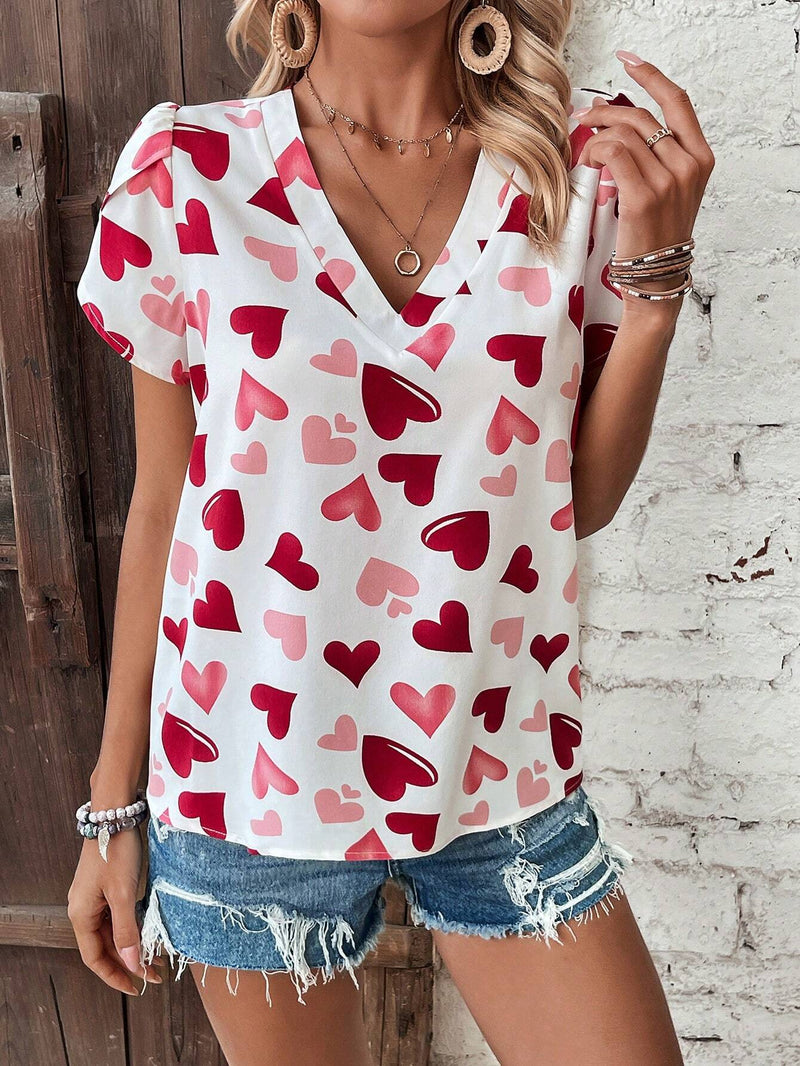 Blusa Con Mangas En Angulo Y Estampado De Corazon Para Mujer