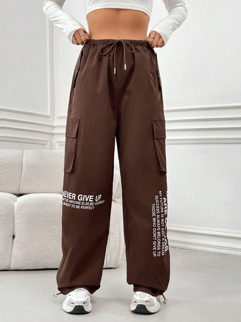 EZwear Pantalones Cargo Con Estampado De Slogan Y Cordon En La Cintura