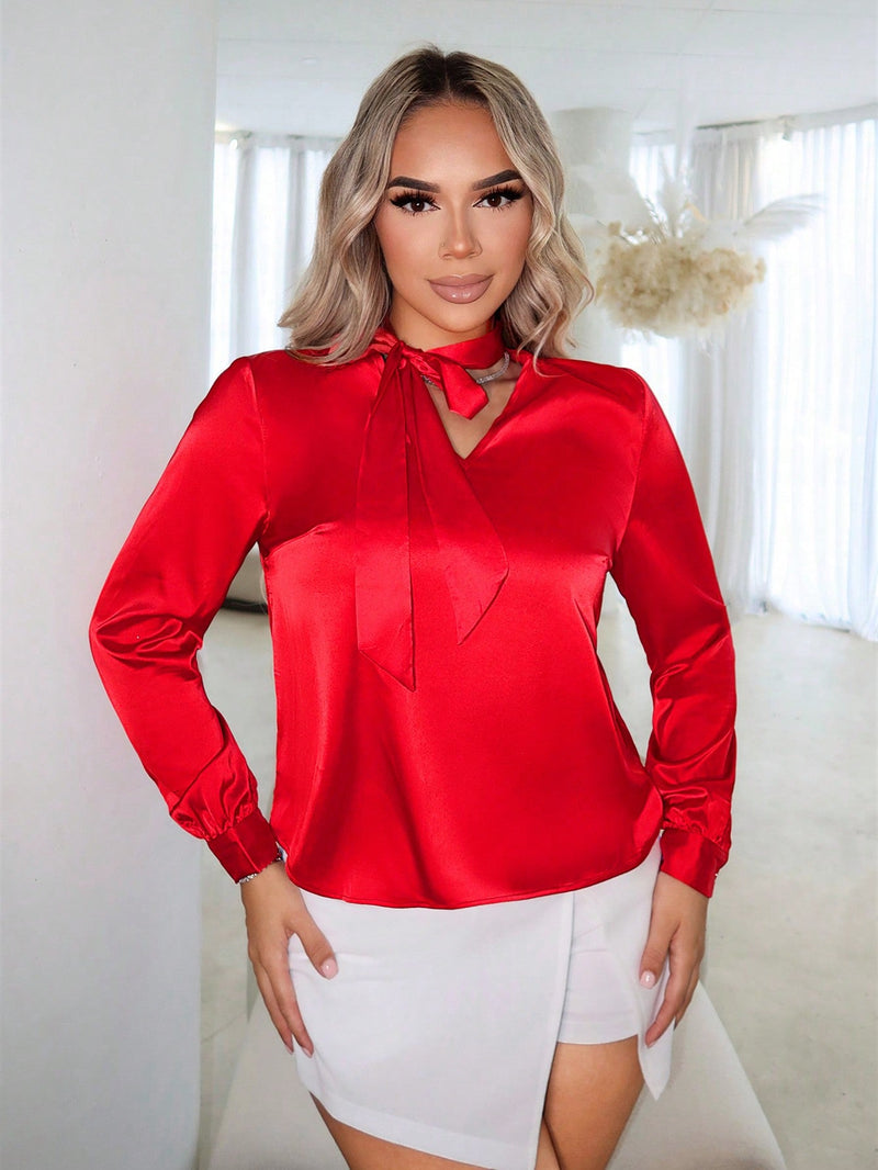 SXY Blusa De Manga Larga Con Cuello De Corbata Satinado Brillante, Ropa De Mujer De Primavera Para Cumpleanos, Dia De San Valentin Y Despedida De Soltera