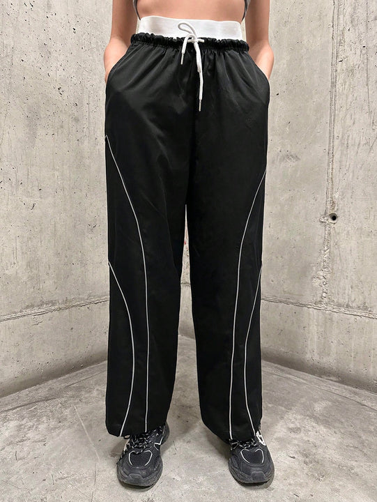 Pantalones Largos Con Cintura Con Cordon Y Dobladillo Enrollado De Color En Contraste Para Mujer
