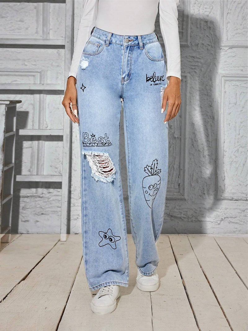 Jeans Lavados Y Desgastados Con Estampado De Carton