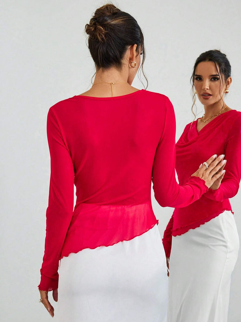 Prive Camiseta De Manga Larga Y Cuello De Drapeado Para Mujeres En Rojo Para Ano Nuevo