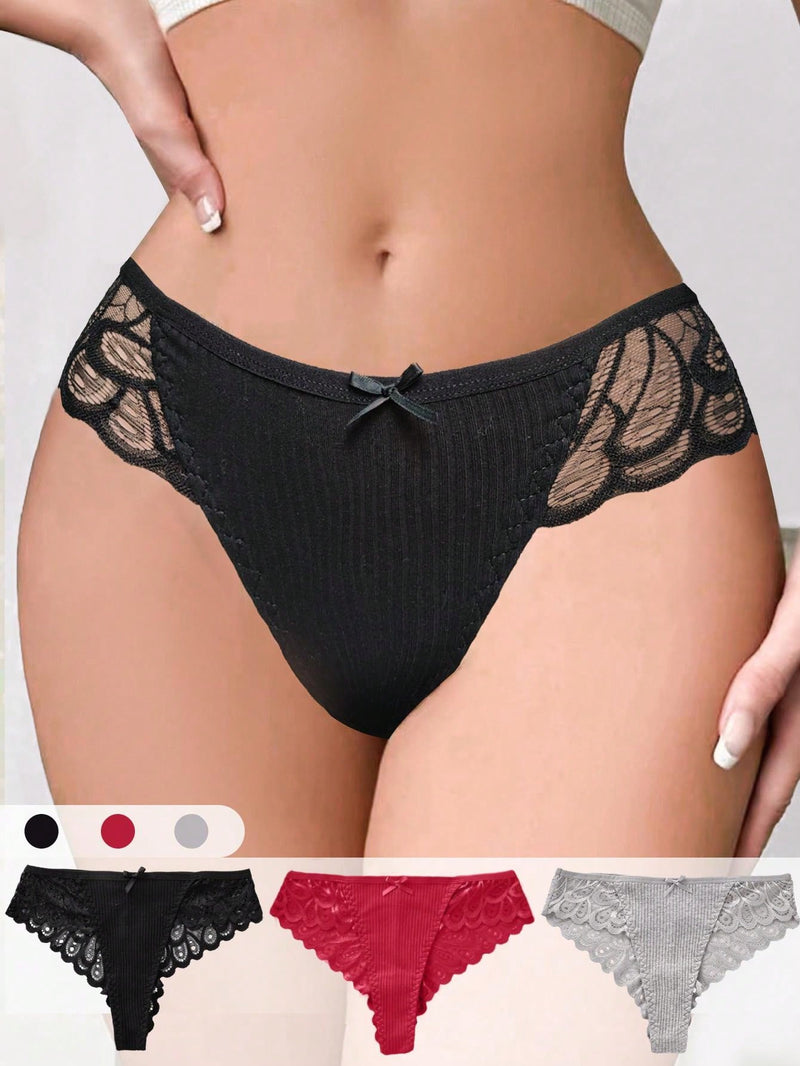 3 piezas Ropa interior comoda y transpirable para mujeres, tanga sexy con encaje y lazo