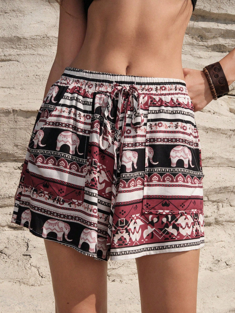 BohoFeels Shorts Estampados Estilo Vacacional Con Bolsillos Diagonales