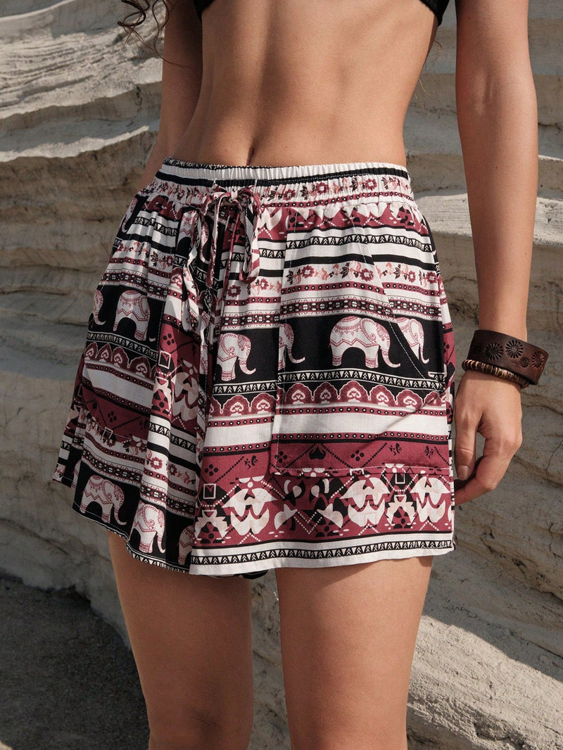 BohoFeels Shorts Estampados Estilo Vacacional Con Bolsillos Diagonales