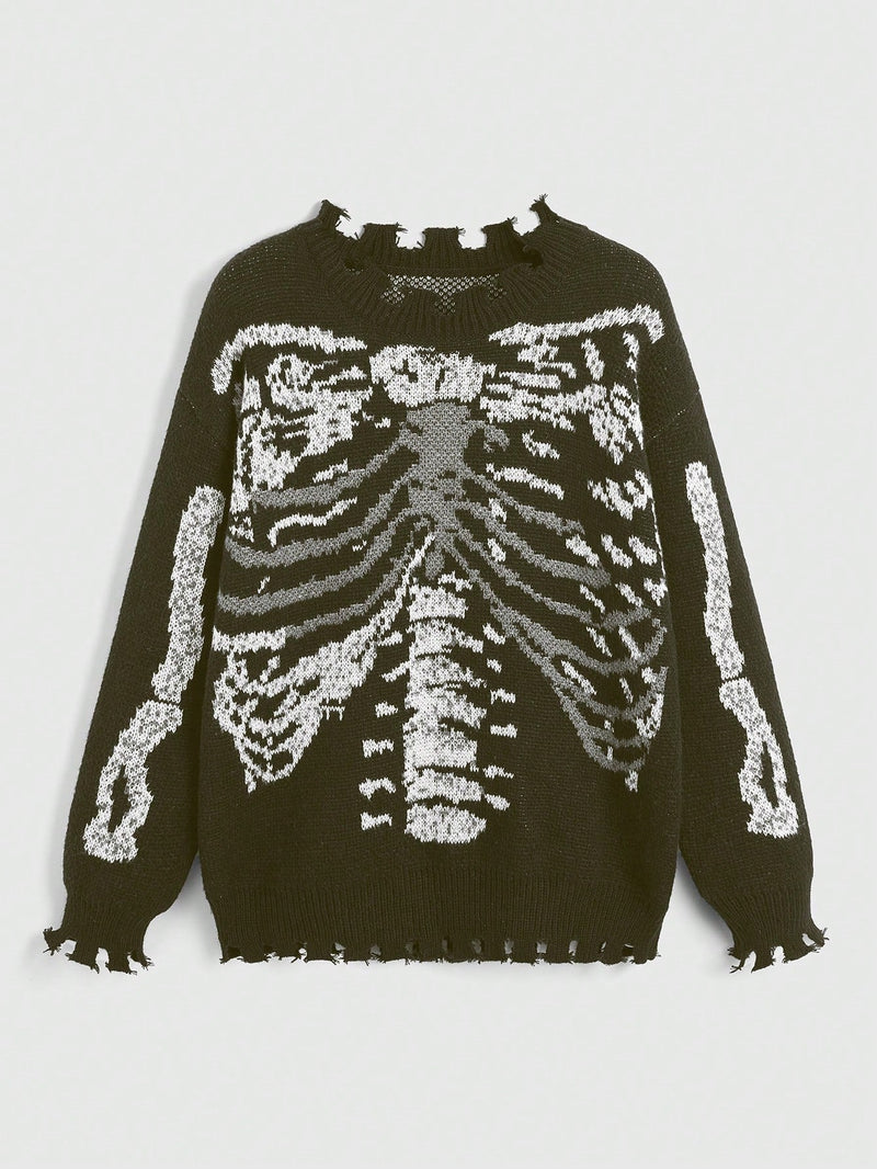 ROMWE Grunge Punk Sweater De Jacquard Oscuro Con Calaveras Para Mujer Con Efecto Rasgado Y Cierre Deslizante