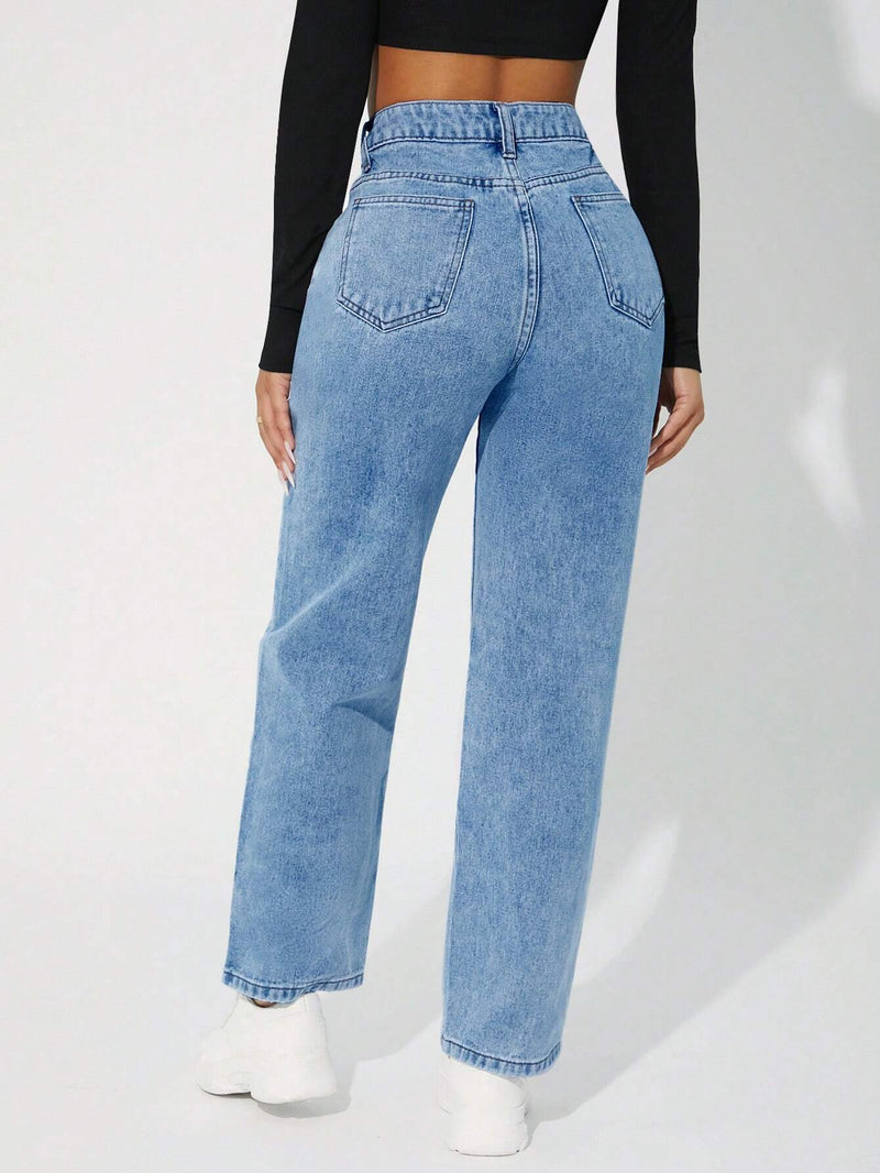 PETITE Jeans De Mezclilla Rectos Lavados En Azul Claro Para Mujer