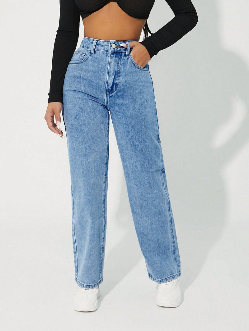 PETITE Jeans De Mezclilla Rectos Lavados En Azul Claro Para Mujer