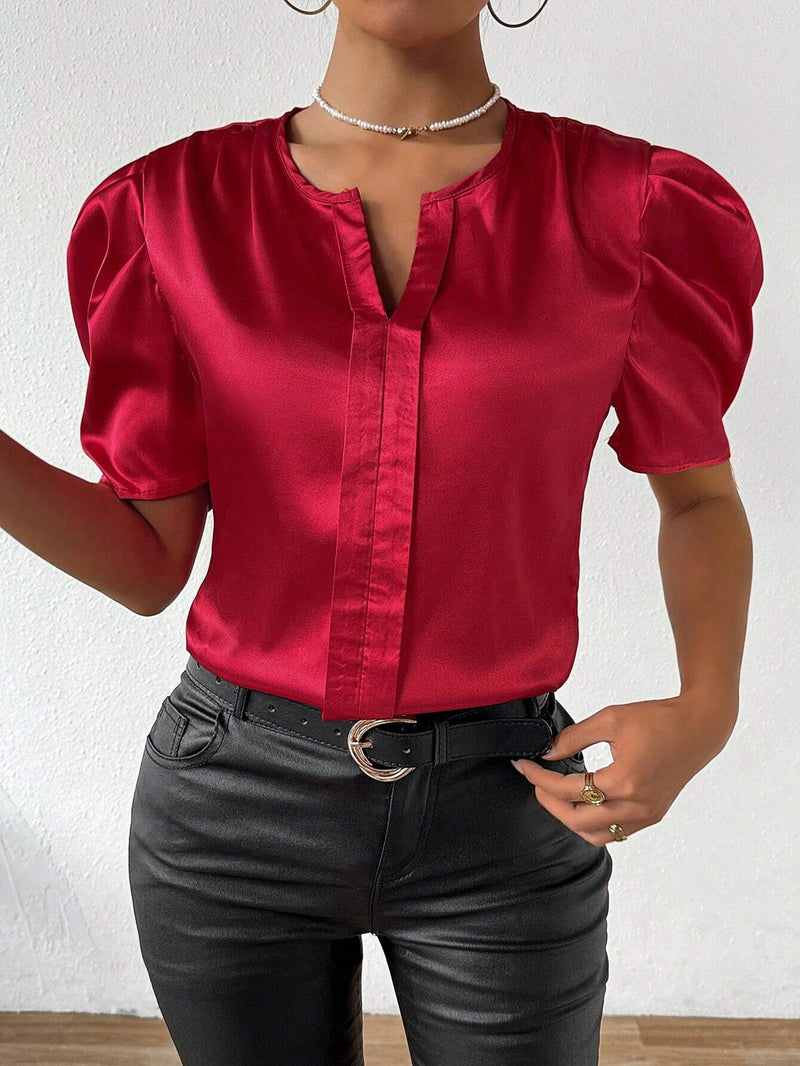 Camisa De Manga Abullonada Con Cuello De Muesca Para Mujer