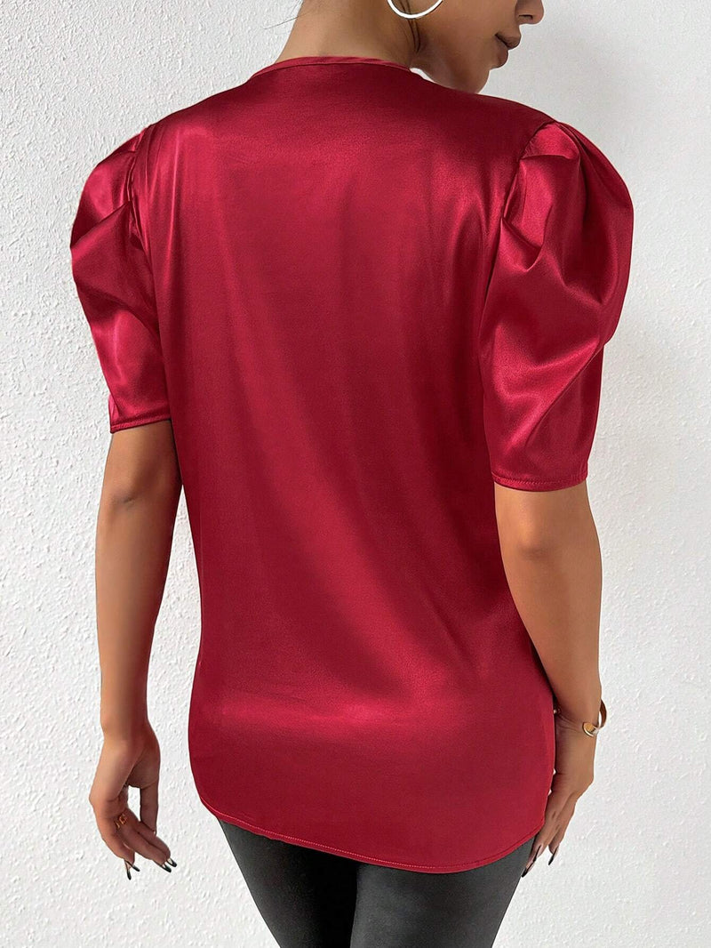 Camisa De Manga Abullonada Con Cuello De Muesca Para Mujer