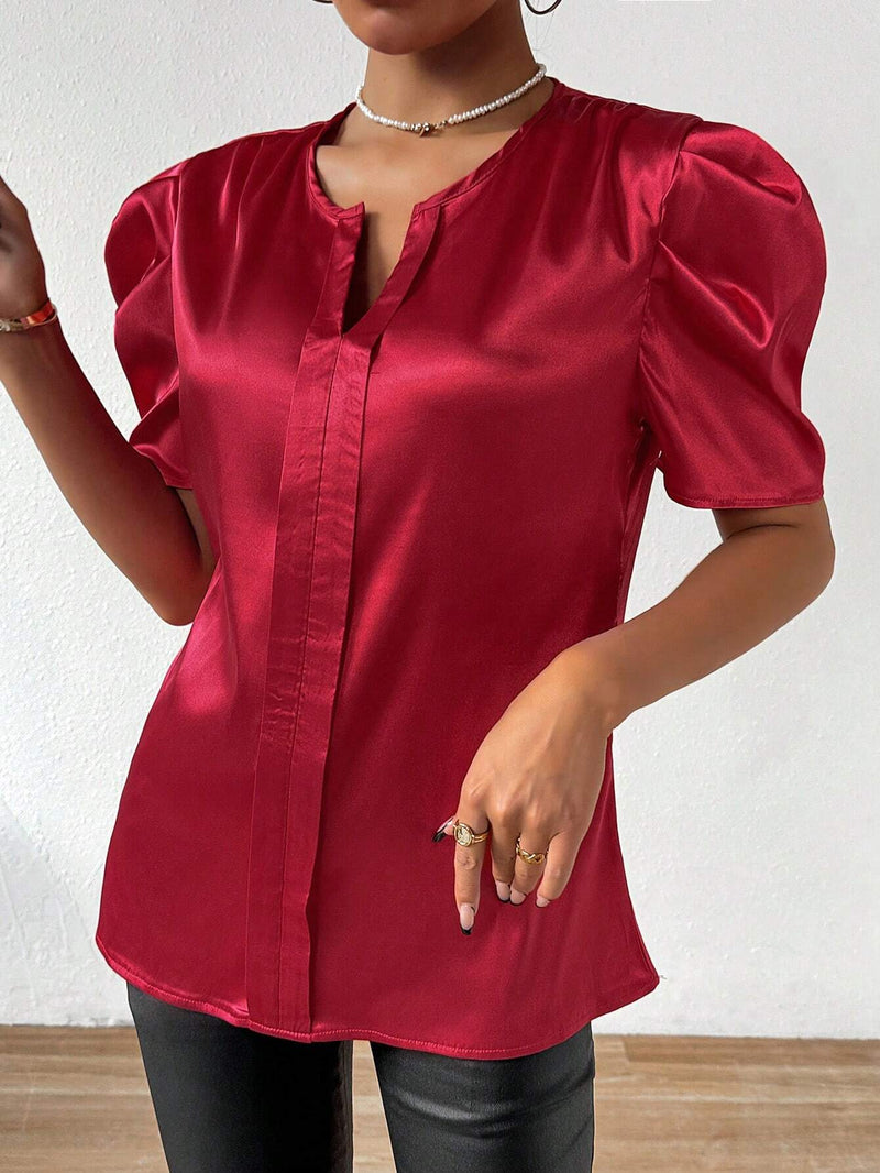 Camisa De Manga Abullonada Con Cuello De Muesca Para Mujer