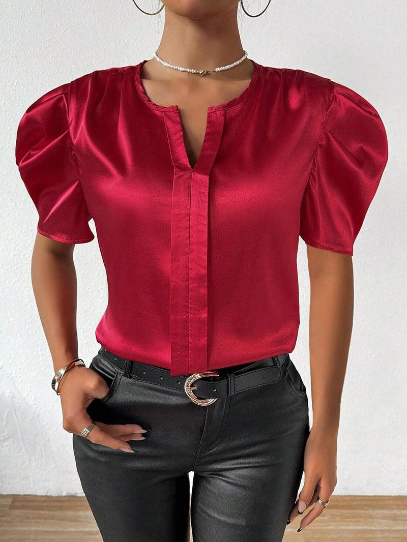 Camisa De Manga Abullonada Con Cuello De Muesca Para Mujer