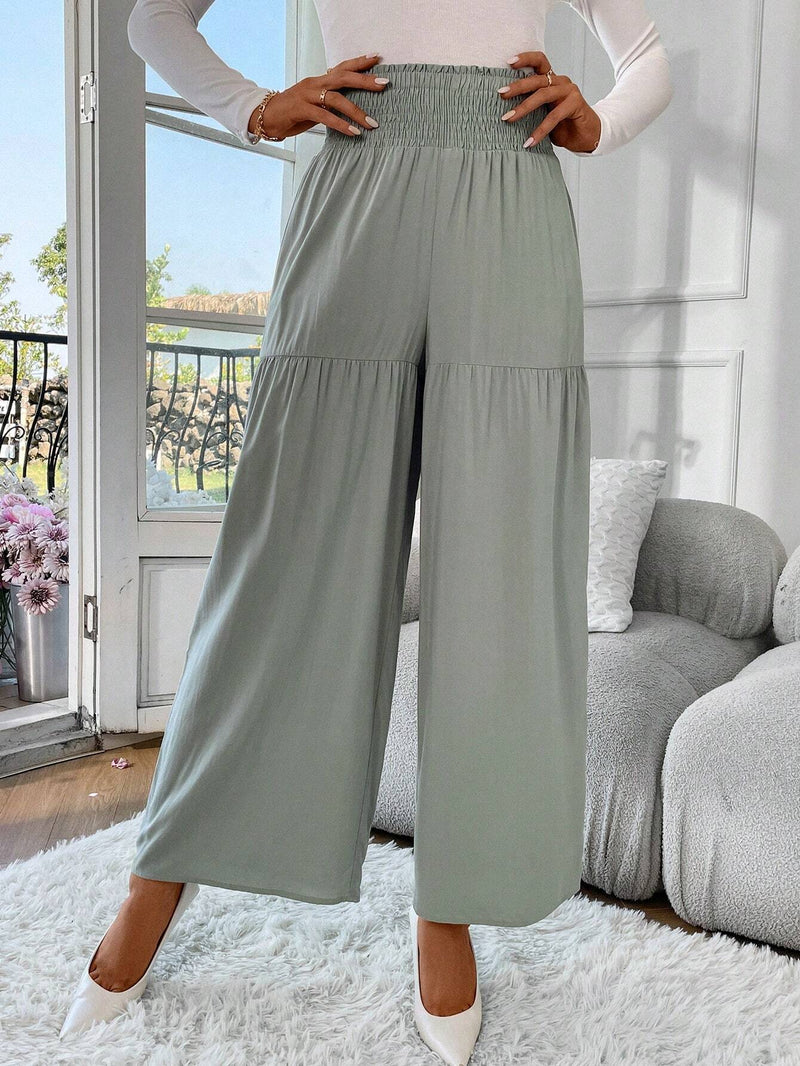 Prive Pantalones Anchos Con Cintura Fruncida De Color Liso Para Mujer