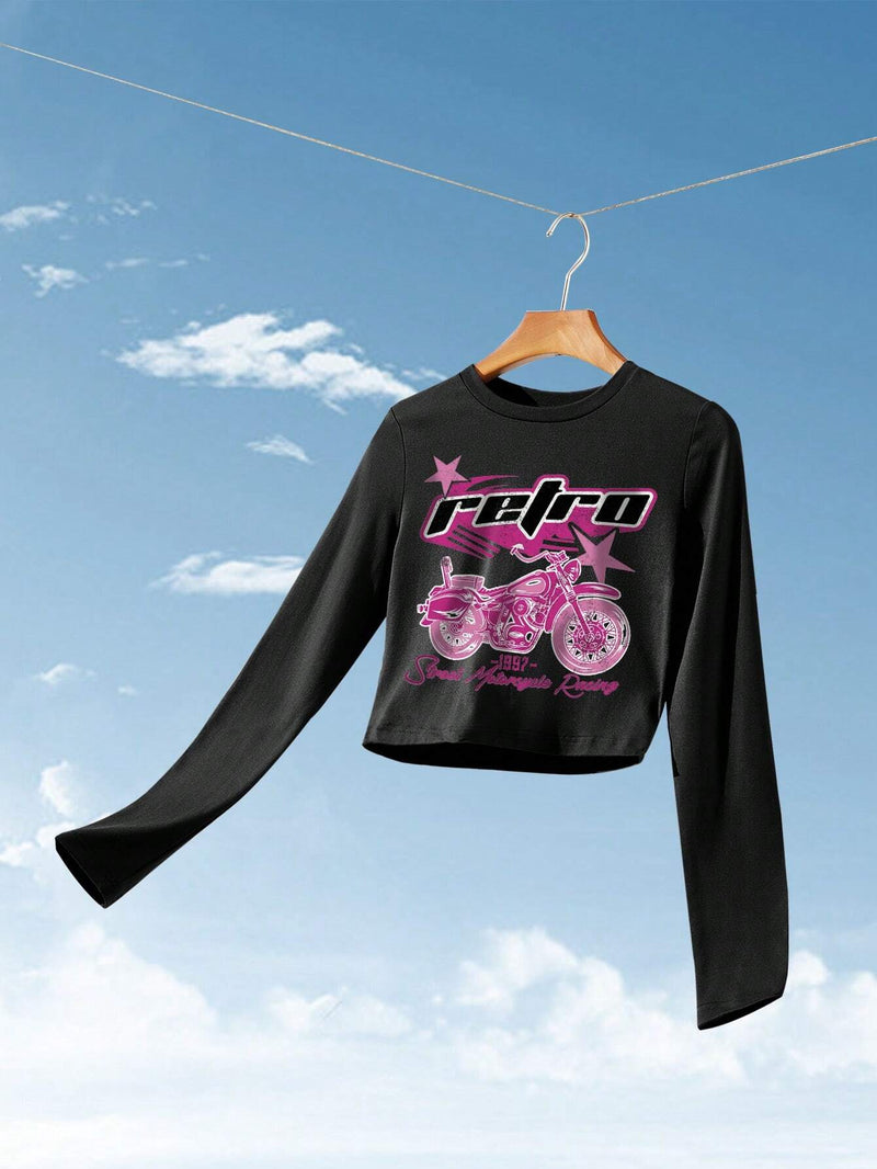 EZwear Camiseta crop con estampado de motocicleta y letra