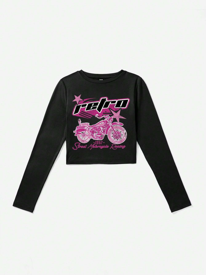 EZwear Camiseta crop con estampado de motocicleta y letra