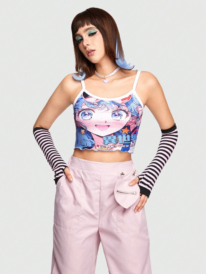 ROMWE Anime Top De Camisola Impreso Con Lindo Personaje De Dibujos Animados Para Mujeres Con Estilo Kawaii & Harajuku Japones, Coo Y De Ajuste Delgado