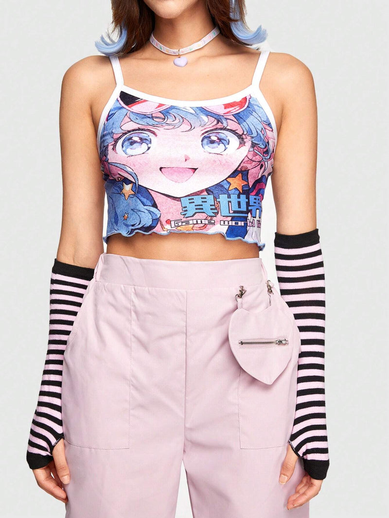 ROMWE Anime Top De Camisola Impreso Con Lindo Personaje De Dibujos Animados Para Mujeres Con Estilo Kawaii & Harajuku Japones, Coo Y De Ajuste Delgado