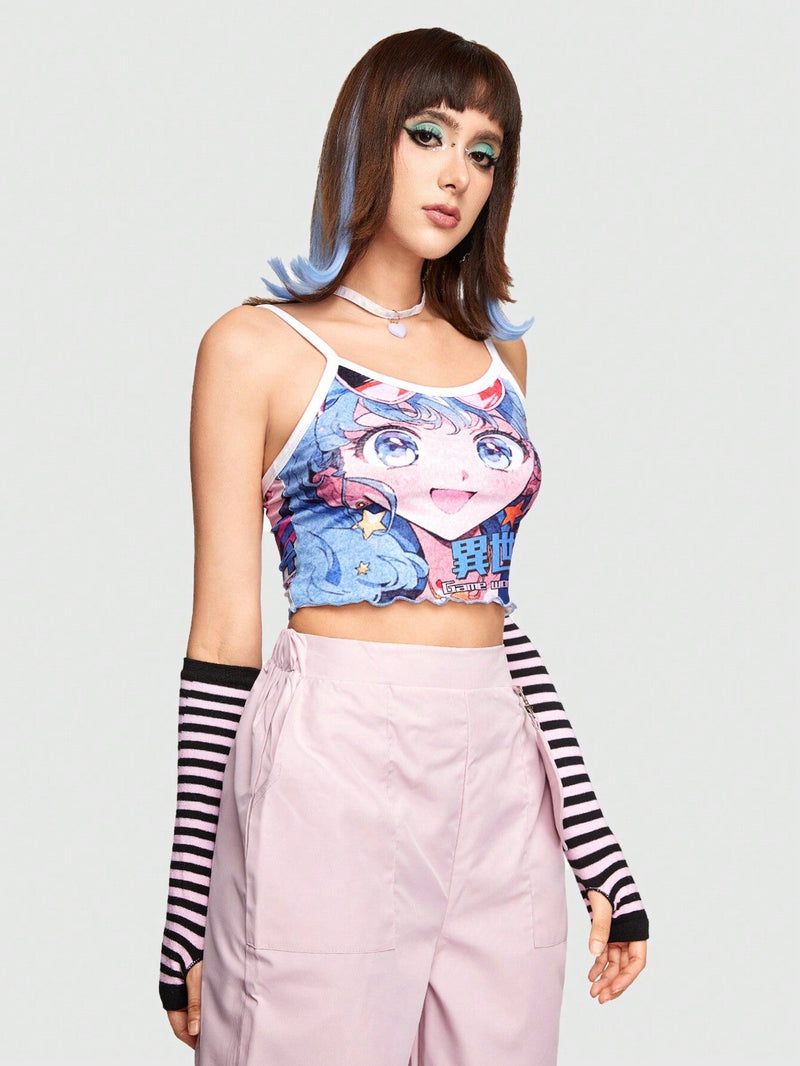 ROMWE Anime Top De Camisola Impreso Con Lindo Personaje De Dibujos Animados Para Mujeres Con Estilo Kawaii & Harajuku Japones, Coo Y De Ajuste Delgado