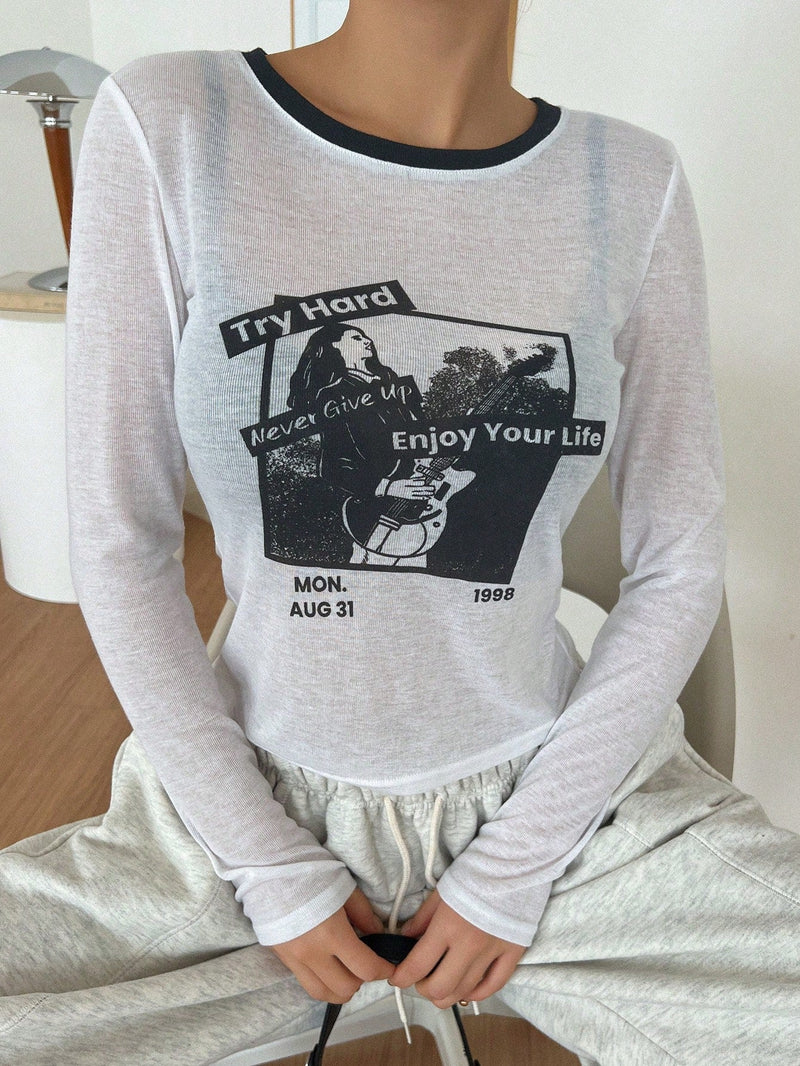 DAZY Camiseta De Mujer Con Impresion De Letras Y Personajes