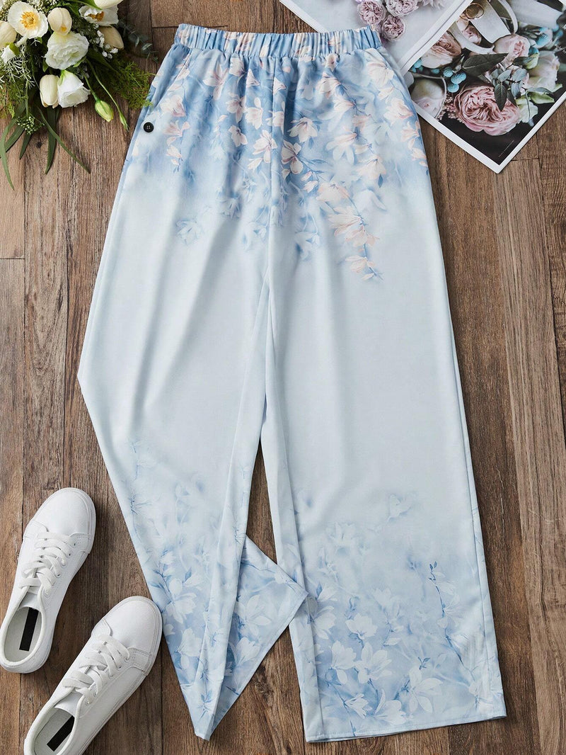 LUNE Pantalones Anchos Con Estampado Floral Para Mujer Con Cinturilla Elastica Y Bolsillos Diagonales