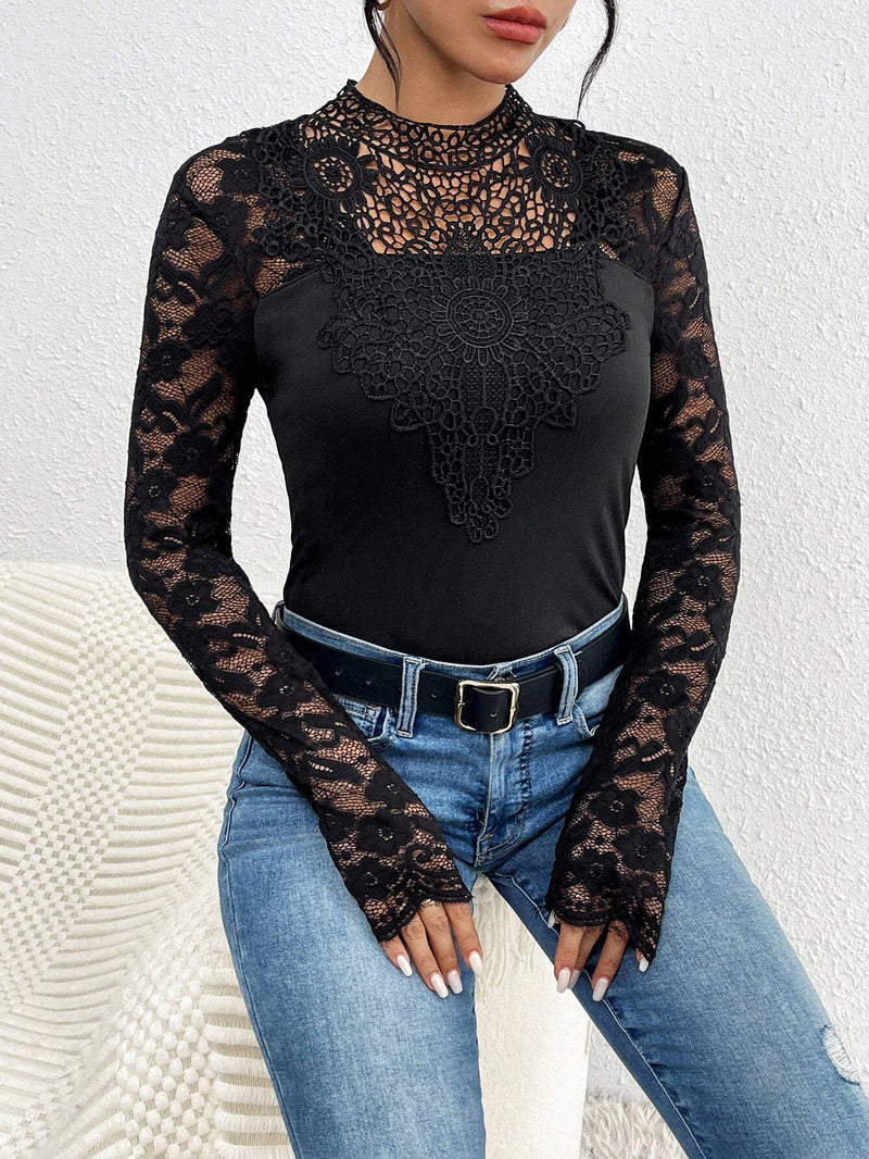 Frenchy Top De Encaje De Mosaico Para Mujer Con Cuello Alto