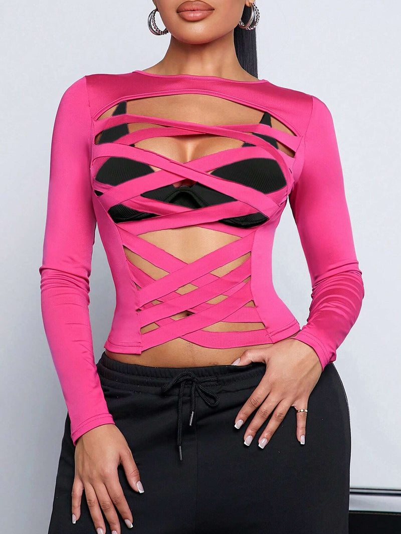 SXY 1 Pieza Top Rosa Con Diseno Cruzado Sexy Con Detalles Calados Y Transparentes