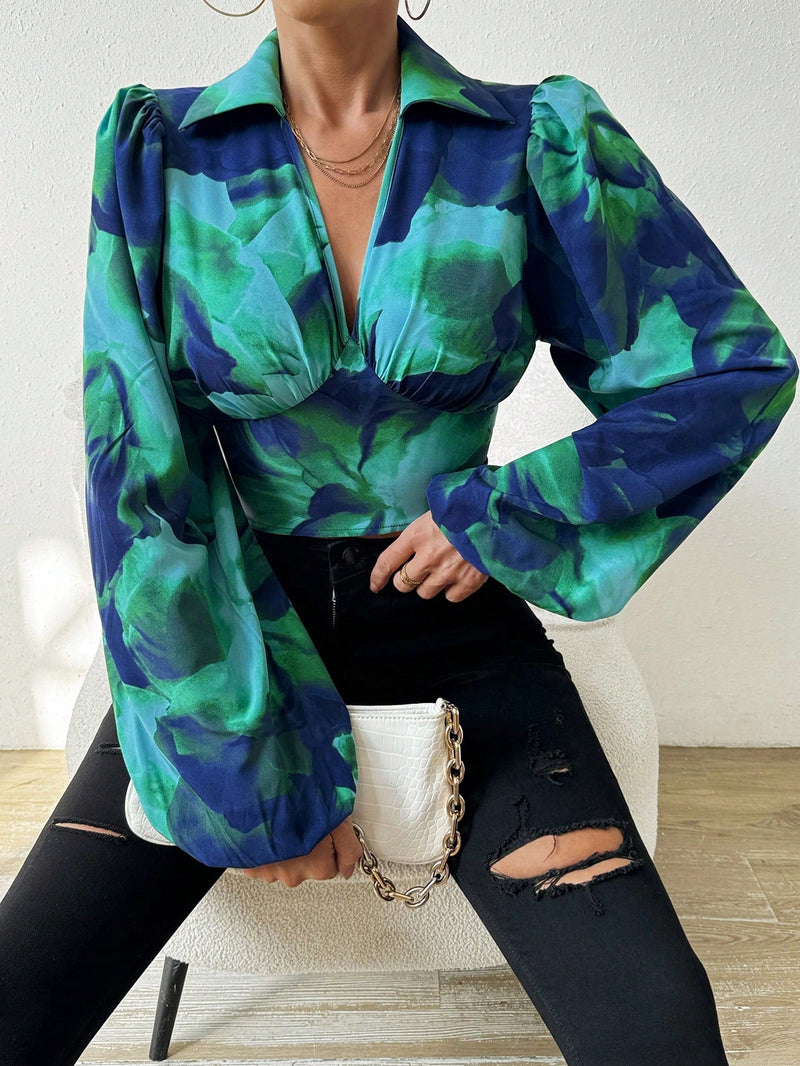 Prive Camisa Corta Con Mangas De Linterna Tenidas En Tie-dye