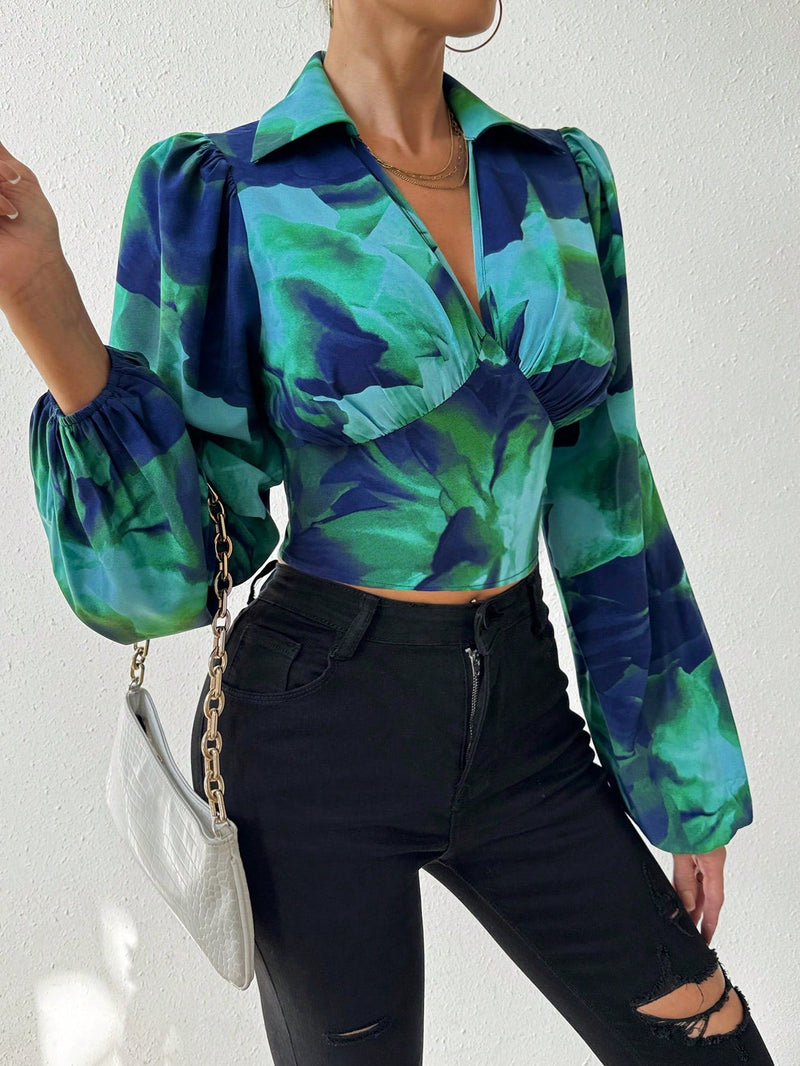 Prive Camisa Corta Con Mangas De Linterna Tenidas En Tie-dye