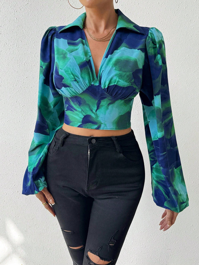 Prive Camisa Corta Con Mangas De Linterna Tenidas En Tie-dye