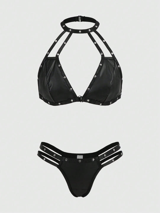 ROMWE Grunge Punk Conjunto De Ropa Interior De PU Con Cuello Halter Decorativo Con Cuentas