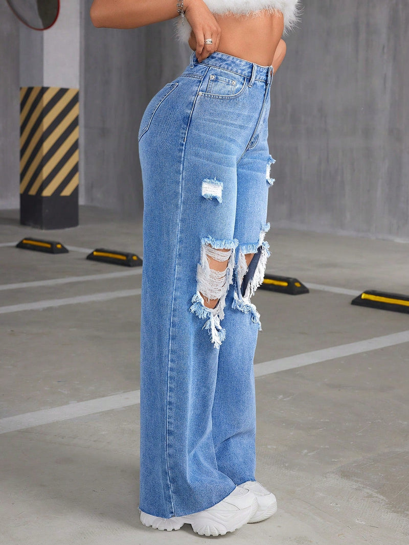 Jeans De De Jean De Pierna Ancha Y Desgastados Para Mujeres