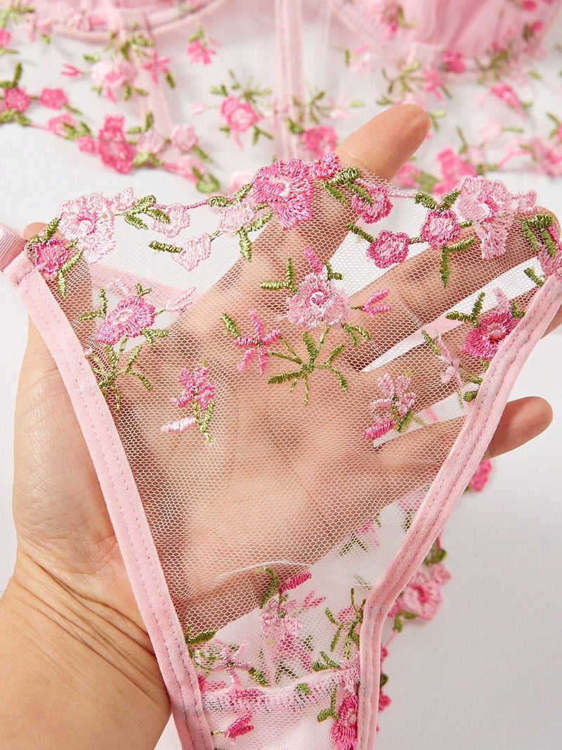 Conjunto De Lenceria De Malla Transparente Con Bordado De Flores