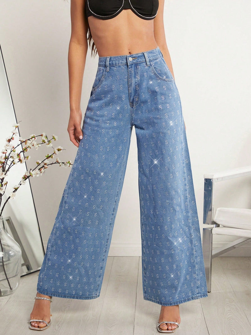 Jeans De Pierna Ancha Con Estampado De Diamantes Y Letras Para Mujer