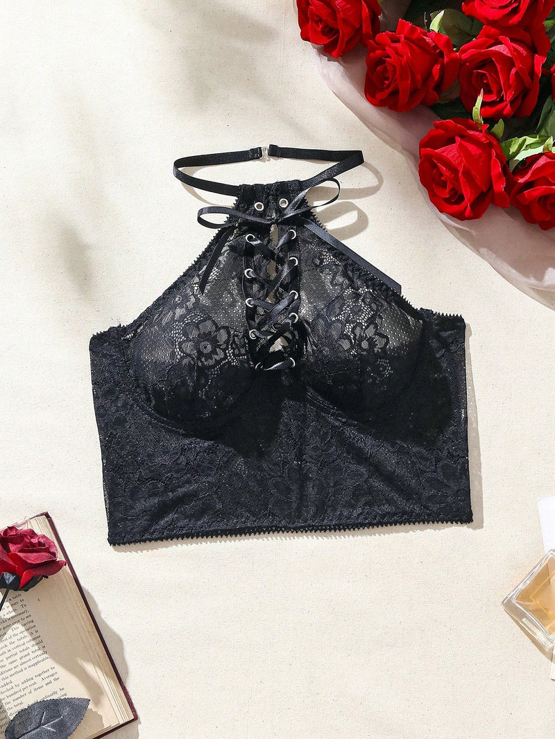 Conjunto De Lenceria Sexy De Encaje Ahuecado Para Mujer