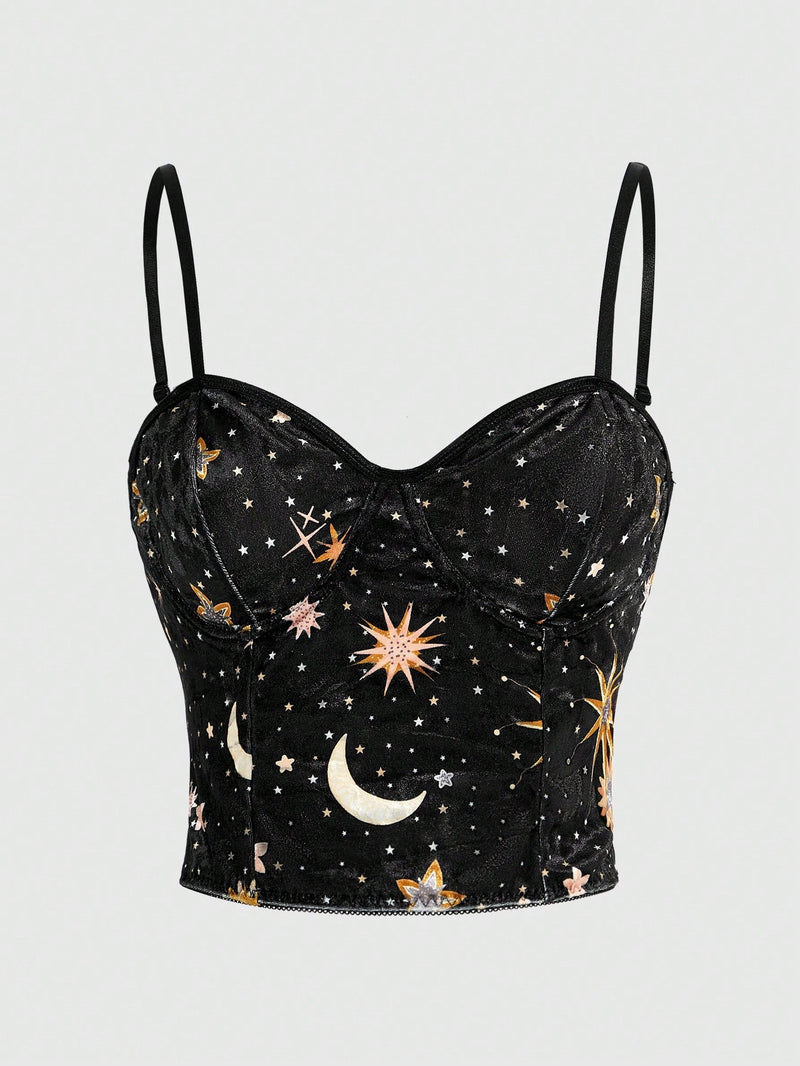 ROMWE Goth Sujetador Tipo Cami Con Aro Y Estampado De Luna, Sol Y Estrellas Para Mujer Hecho De Terciopelo