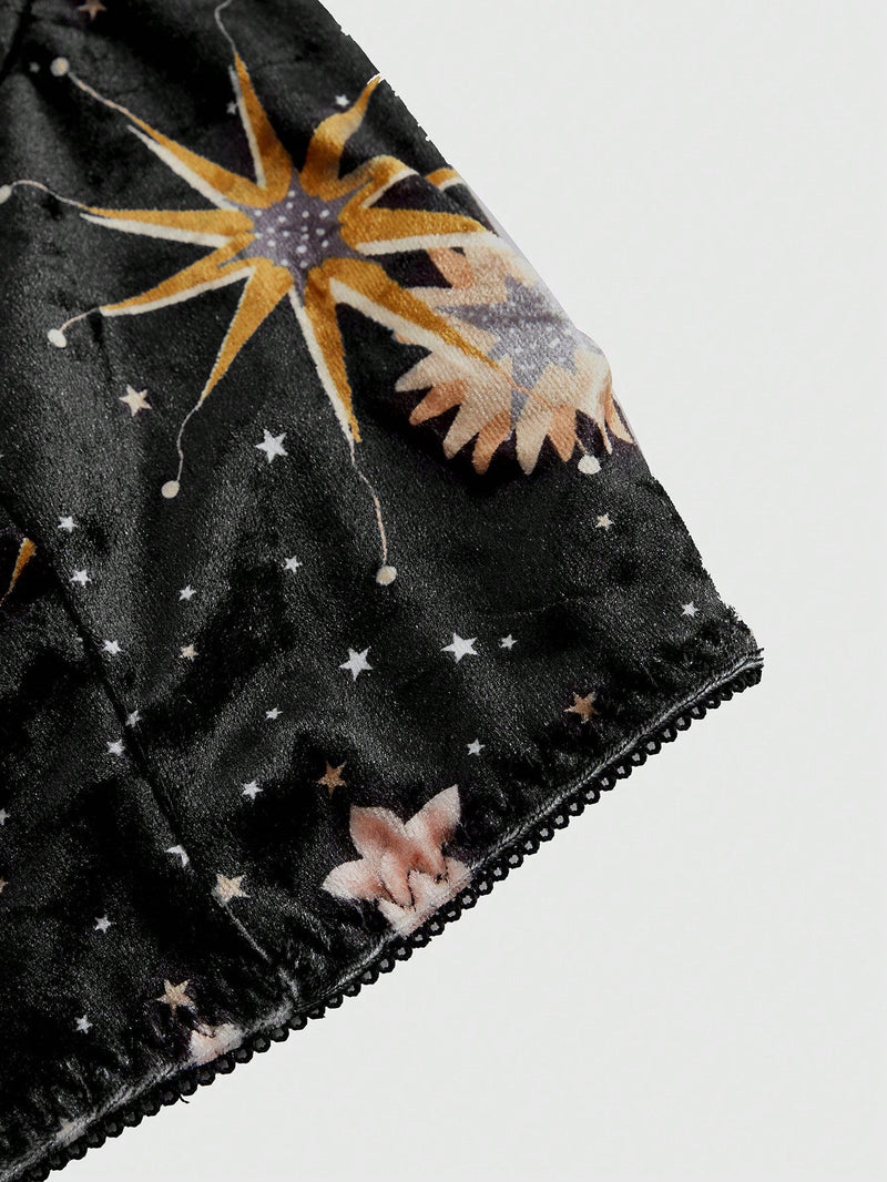 ROMWE Goth Sujetador Tipo Cami Con Aro Y Estampado De Luna, Sol Y Estrellas Para Mujer Hecho De Terciopelo