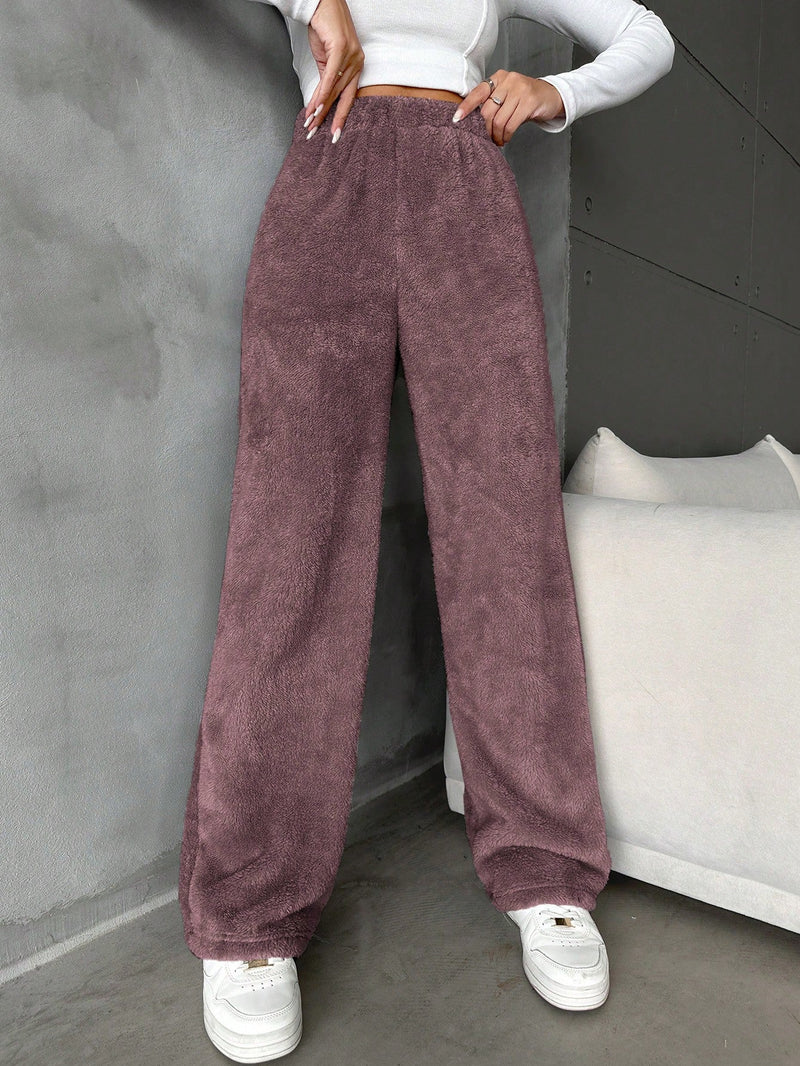 Pantalones largos de peluche de color solido para mujer