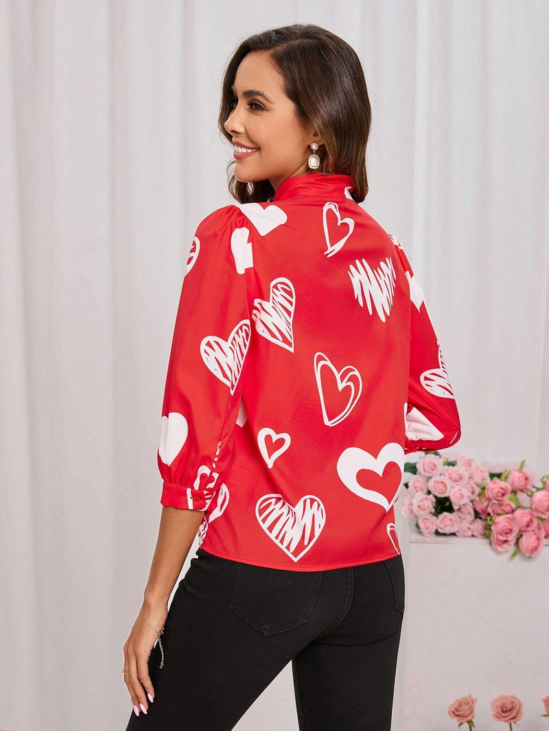 Camisa Roja De Mujeres Con Corbata De Cuell Oimpresa Con Corazones