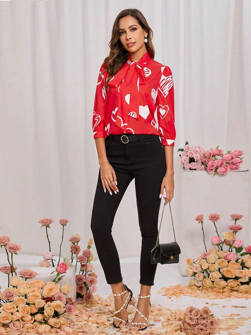 Camisa Roja De Mujeres Con Corbata De Cuell Oimpresa Con Corazones