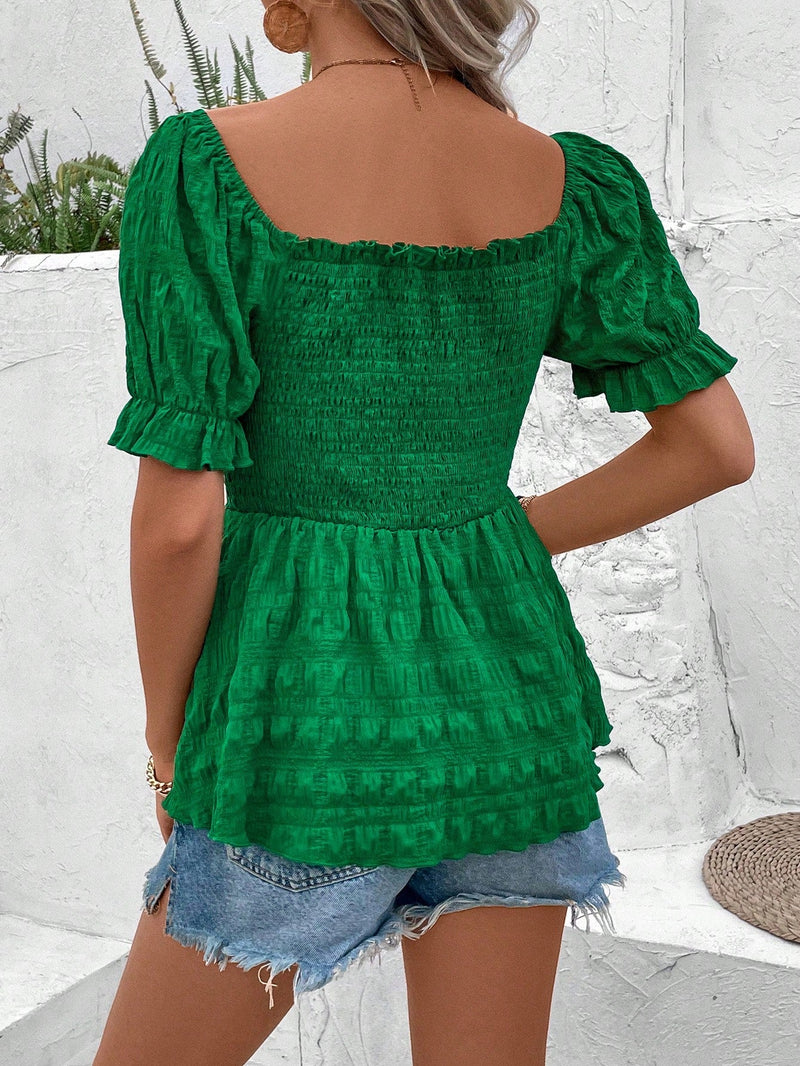 LUNE Blusa Con Cuello Cuadrado Y Dobladillo Con Volantes Y Panel Fruncido