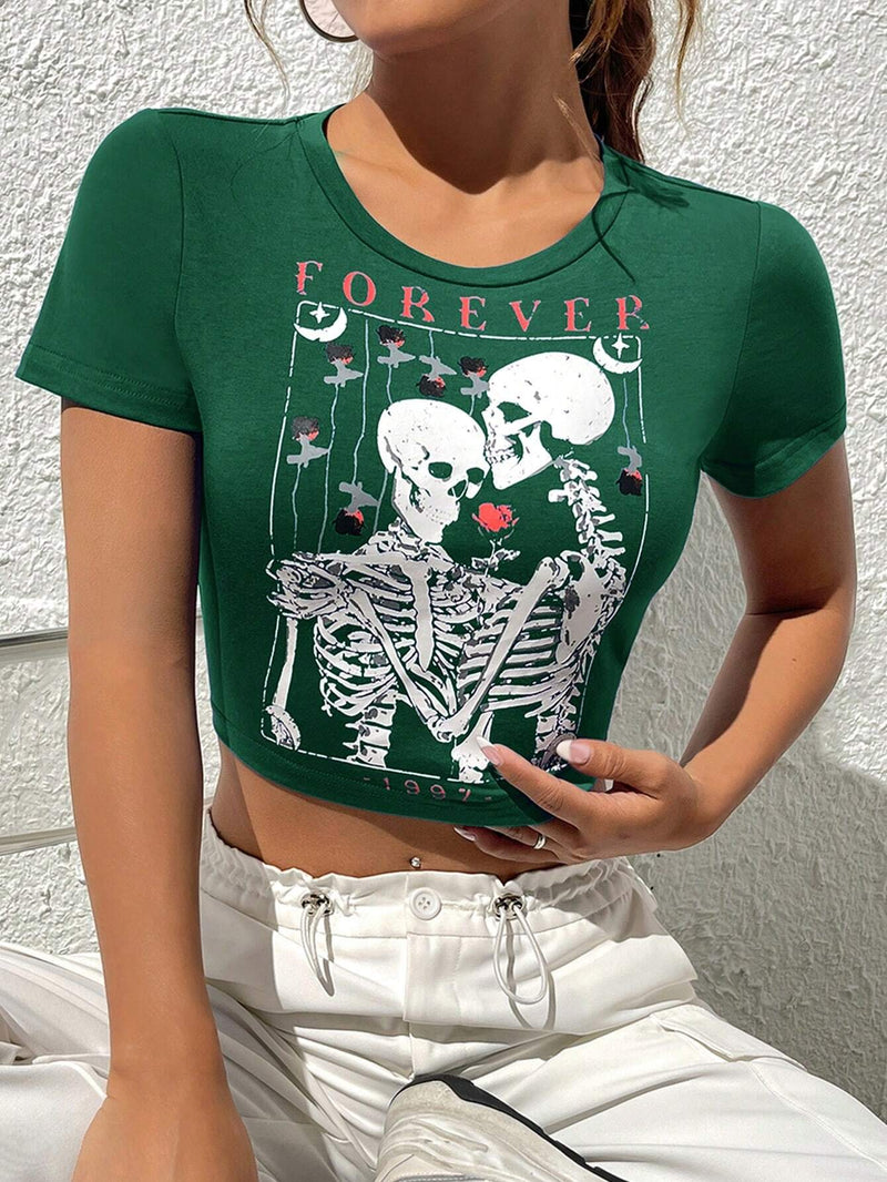 Camiseta De Manga Corta De Punto Con Estampado De Calavera Y Letras Para Mujer