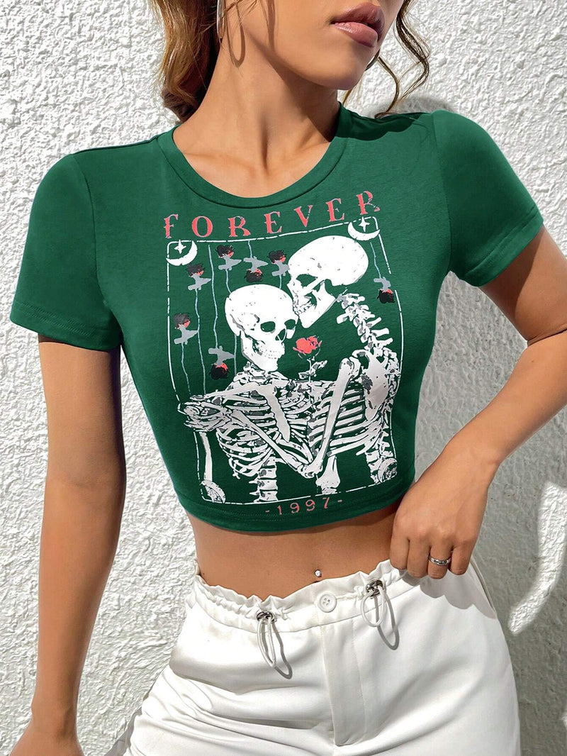 Camiseta De Manga Corta De Punto Con Estampado De Calavera Y Letras Para Mujer