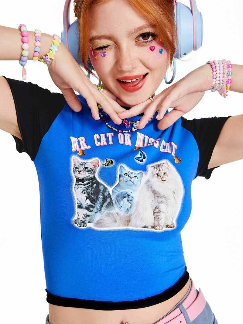 Neu Camiseta De Manga Corta Con Estampado De Gato Lindo Y Divertido Y Peculiar Con Contraste De Colores