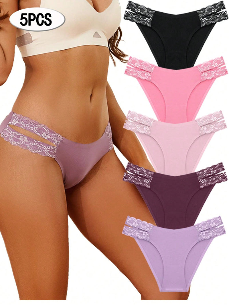 Conjunto de lenceria linda de 5 piezas para mujeres, con braguitas bikini sin costuras, de cintura alta, con encaje en V y braguitas sin costuras